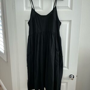 THE GREAT. Black Midi Dress with Spaghetti Straps